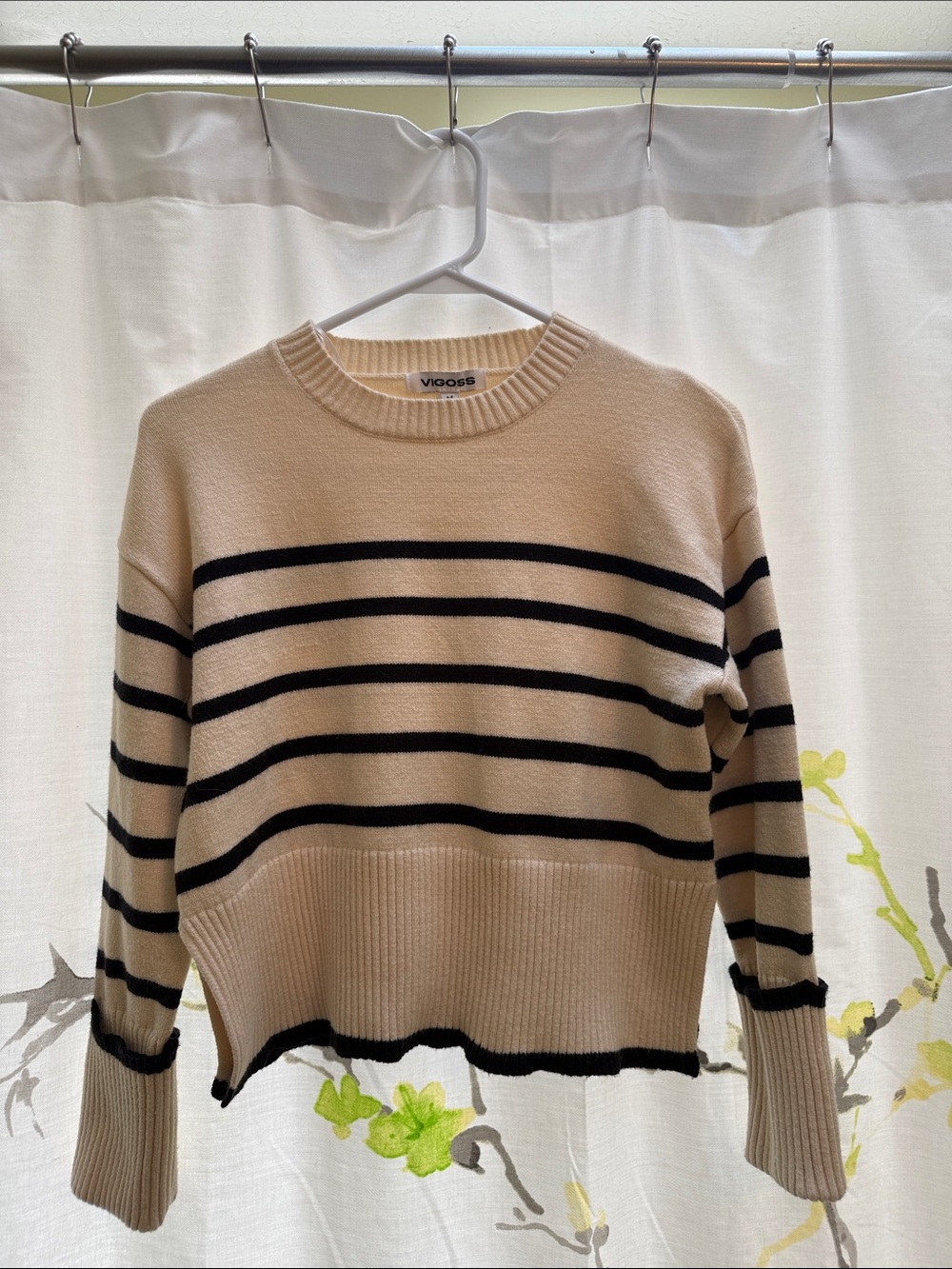 Striped Cropped Cream & Black Crewneck Sweater